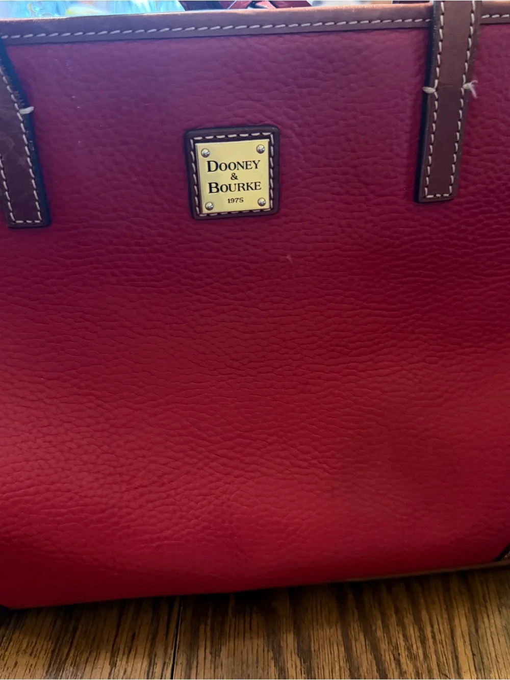 Dooney & Bourke Red Pebble Leather Tote with Brown Trim and Tag